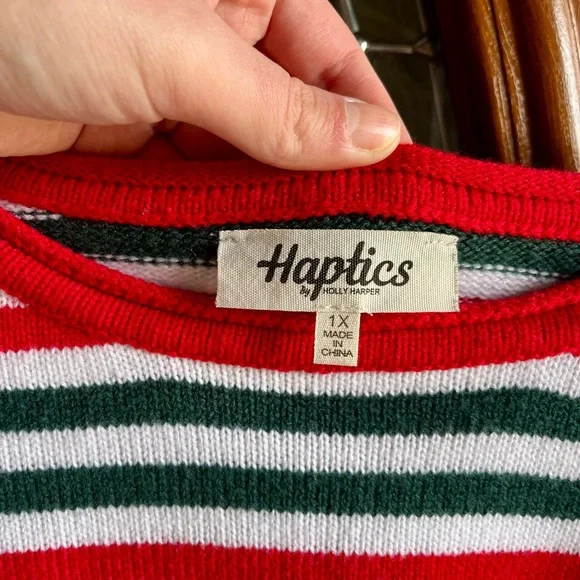 Haptics Striped Crewneck Sweater in Red, Green & White Size 1X - Picture 4 of 6